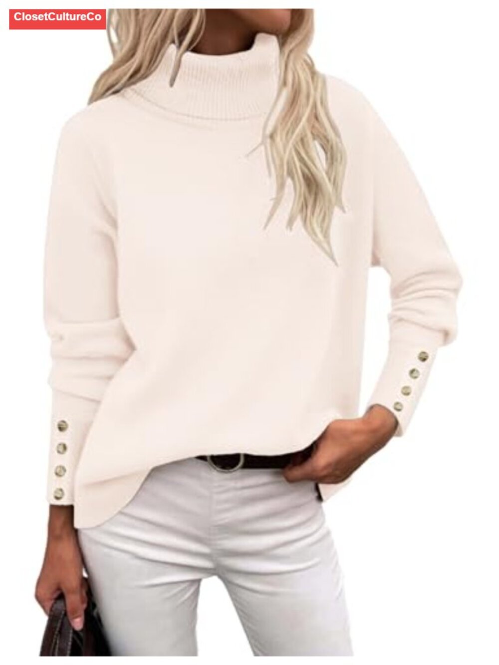 Women's Turtleneck Knit Sweater Pullover High Low Curved Hem Metal Buttons